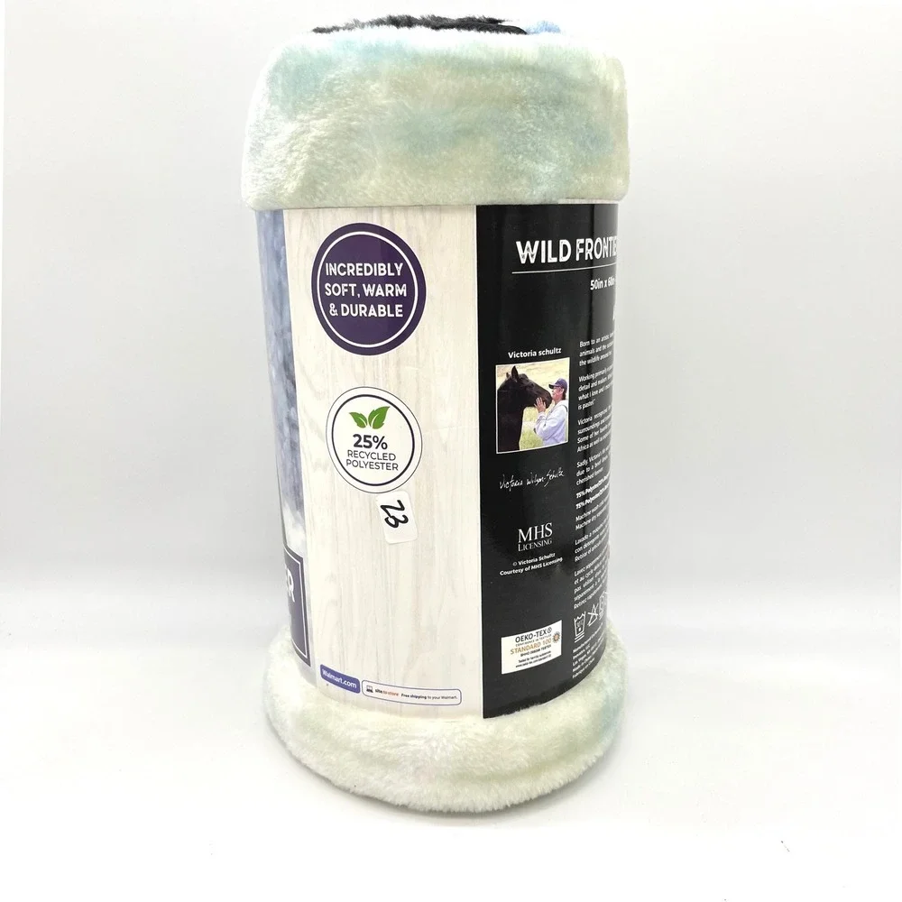 Wild Frontier Black Horse Plush Throw Blanket 50x60 Victoria Schultz Blue‎ White
